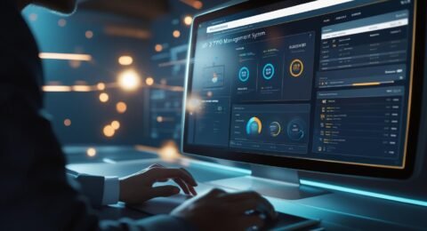 Iso 27701 yönetim sistemi dijital bilgisayar programı ve işletmeler için dijital dönüşüm süreç uzmanı ürünü betimlemiş gerçekçi ve etkileyici bir görsel oluştur lütfen.